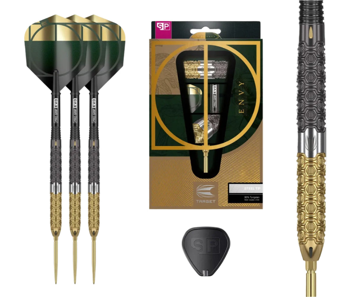 Steel tip tungsten darts set with three assembled darts, retail box, close-up barrel detail, and extra flight on white background