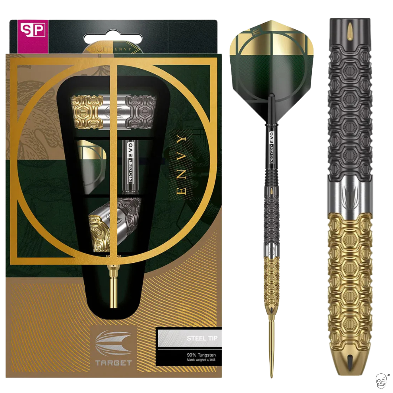 Steel tip tungsten darts with black and gold hex grip, shown in retail packaging and as a single assembled dart on white background