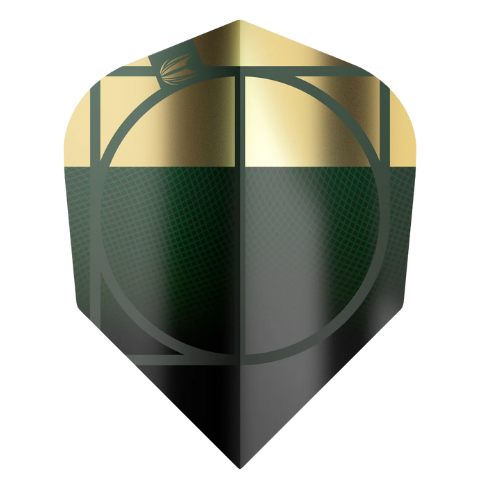 Close-up of single No.6 dart flight with gold and black geometric pattern, isolated on white, showing textured surface for dart accuracy