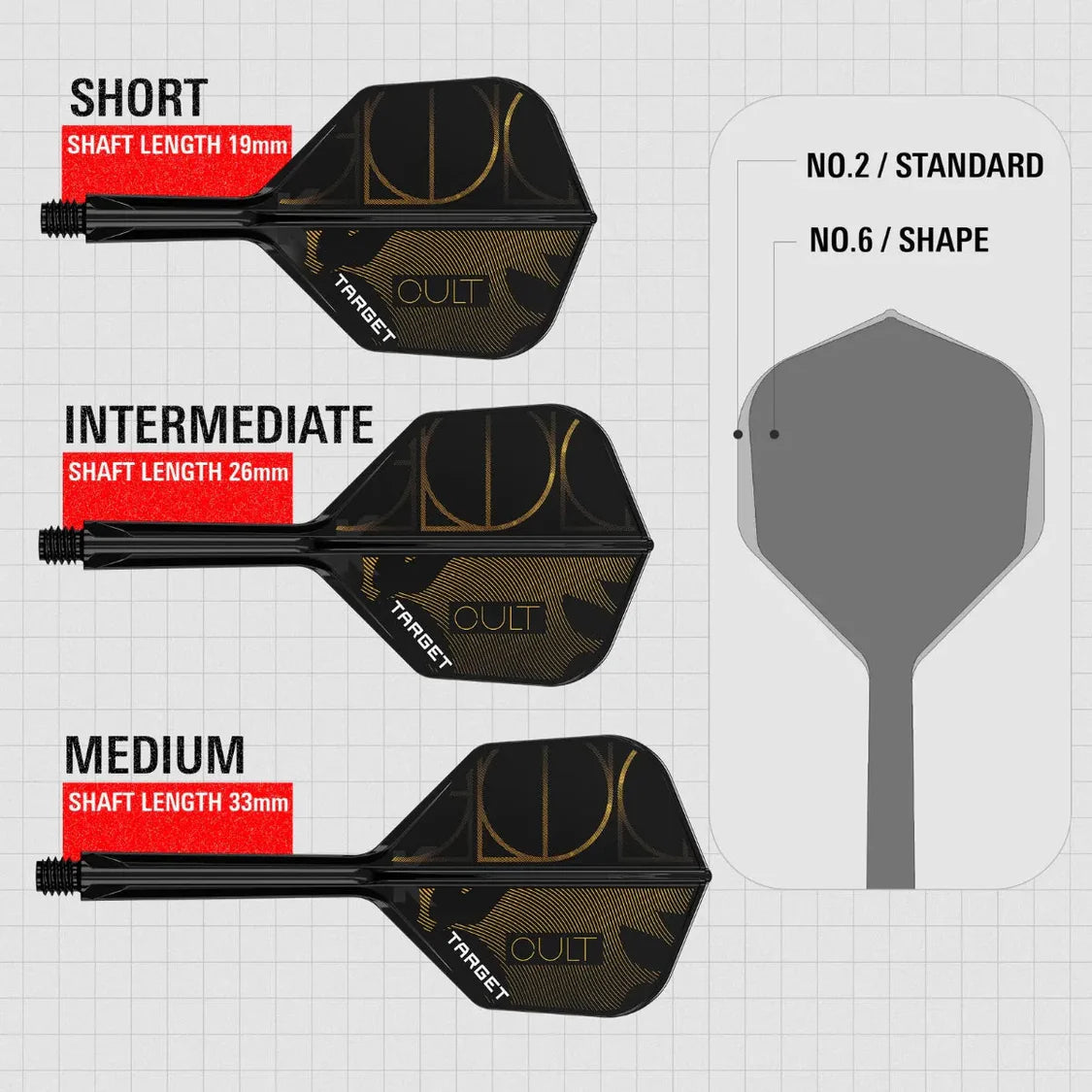 Three Cult K-Flex dart flights with shafts in short, intermediate, and medium lengths, plus No.2 and No.6 flight shape comparison on grid