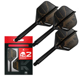 Three Cult K-Flex No.2 medium dart flights and shafts shown angled with packaging, highlighting integrated design and gold detail for darts