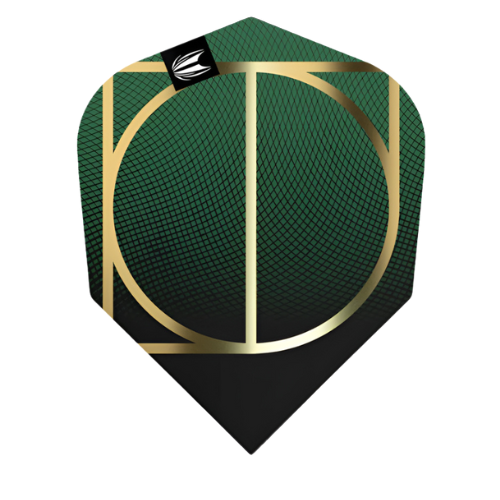 Single dart flight full view with green textured pattern and gold geometric lines, isolated on white background