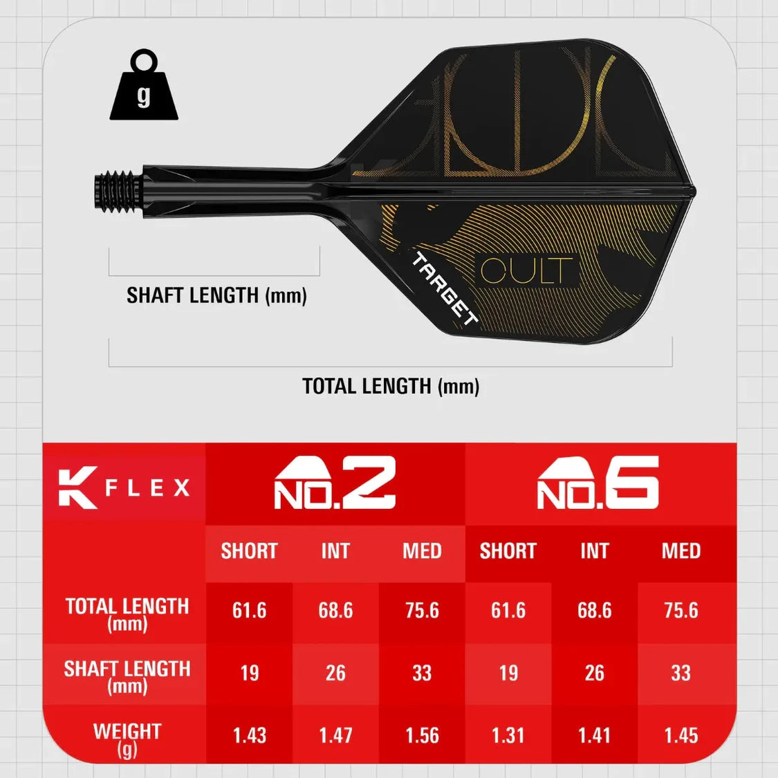 Horizontal full view of Cult No.6 K-Flex integrated dart flight and shaft with gold graphics, measurement scale, and dart size comparison chart