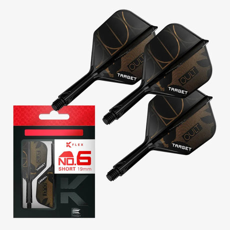 Three Cult No.6 K-Flex dart flights and shafts with gold detailing, shown outside and inside retail packaging against a white background