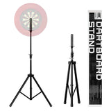 Adjustable tripod dartboard stand front and side views with packaging, lightweight portable dart setup equipment