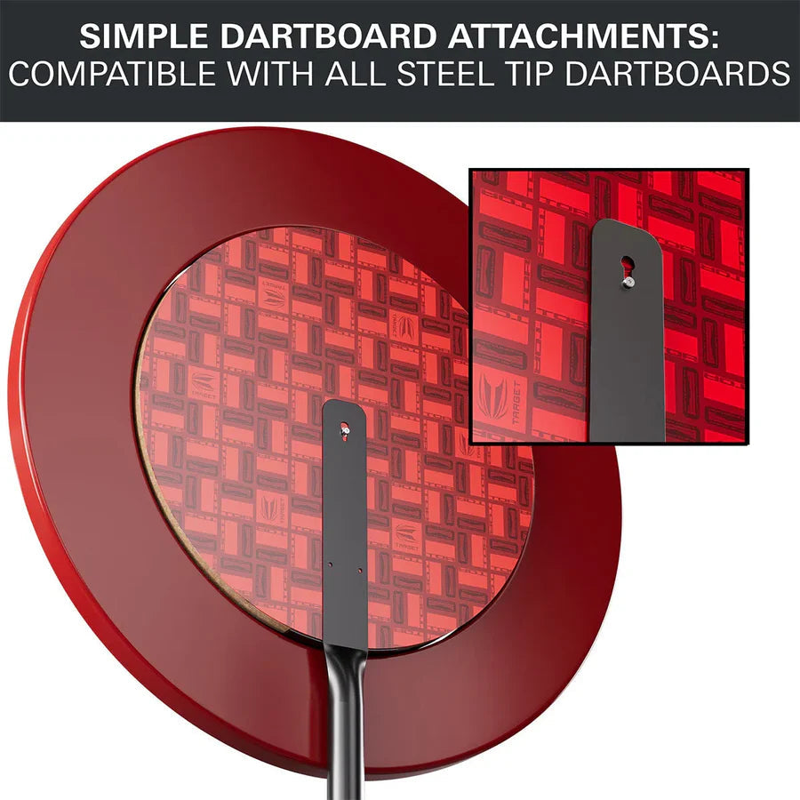Close-up of dartboard stand attachment bracket and mounting detail, compatible with steel tip dartboards, red backboard