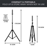 Dartboard stand fully extended and folded with size and weight shown, collapsible tripod design for portable dart setup