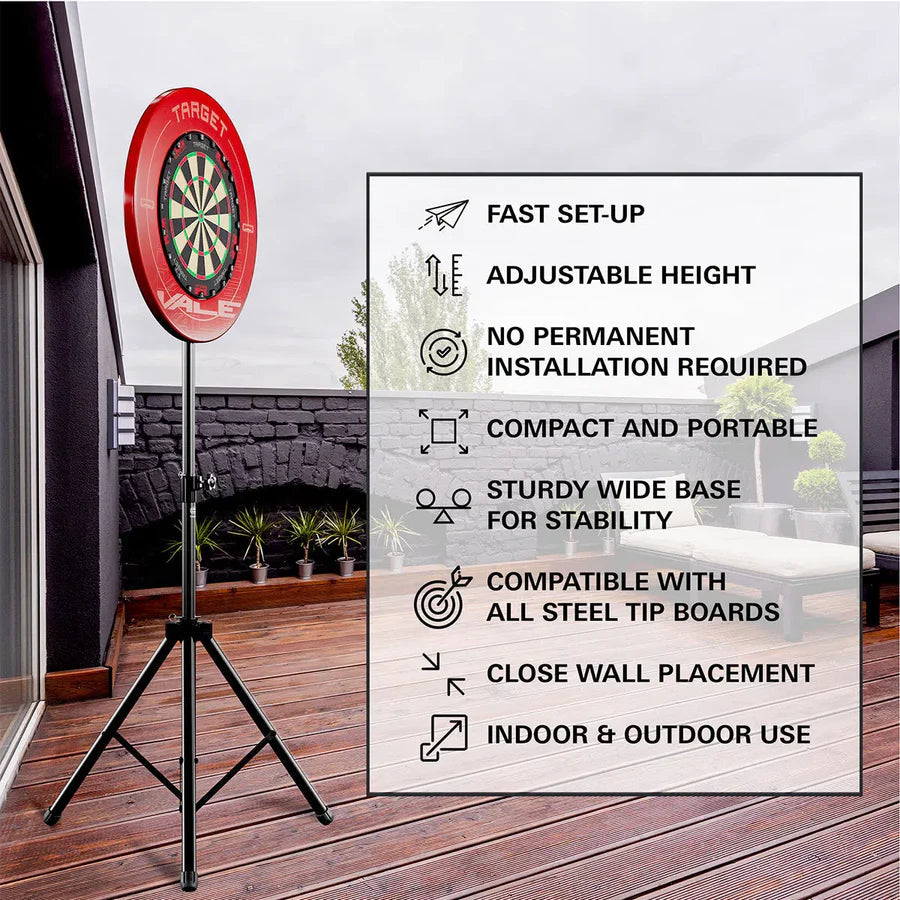 Portable dartboard stand fully assembled on patio, adjustable tripod base, outdoor darts setup, stable and compact design
