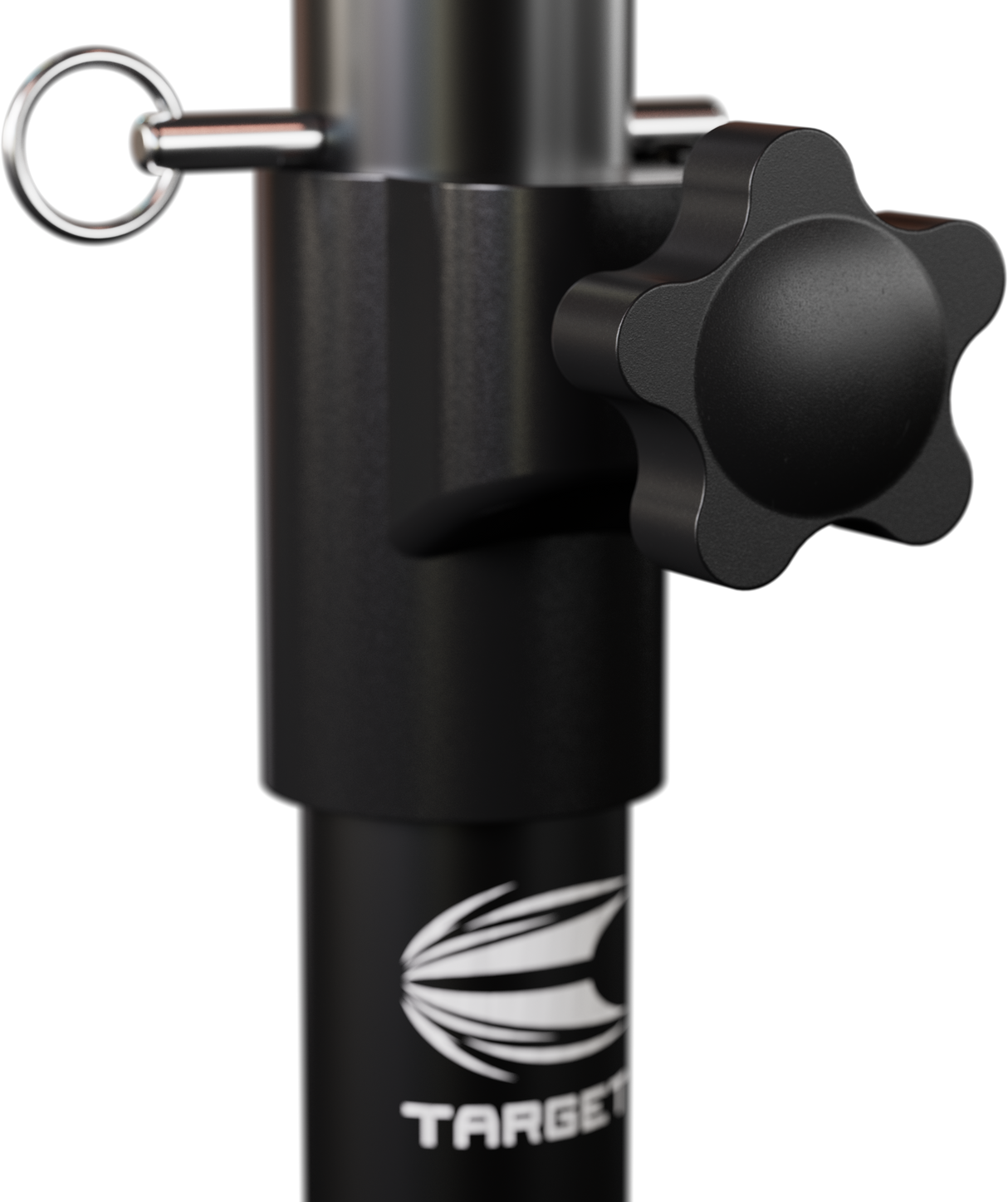 Close-up of dartboard stand adjustment knob and locking pin, showing sturdy construction and height adjustment features