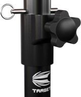 Close-up of dartboard stand adjustment knob and locking pin, showing sturdy construction and height adjustment features