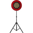 Portable dartboard stand with adjustable tripod, mounted dartboard and red surround, isolated on white background
