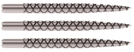 Set of three dart points in side view on white background, showing laser-etched crosshatch grip for secure throw and board hold