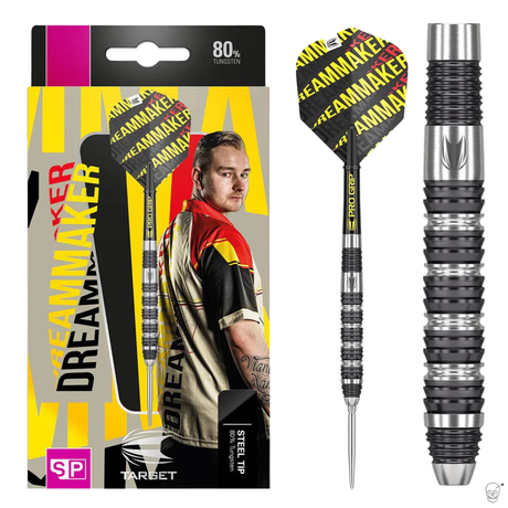 Steel tip tungsten dart in retail packaging next to close-up of grooved 80% tungsten barrel, Pro Grip shaft and Dreammaker flight