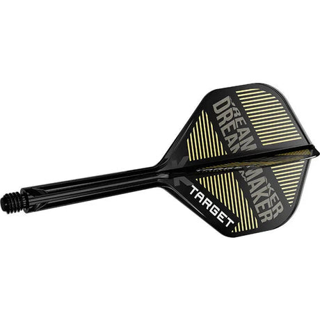 Black K-Flex dart shaft with attached Dream Maker flight, close-up on gold striped flight design for precision darts setup