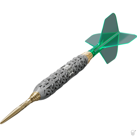 Target Elysian Archetype 58 dart – angled view of the 3D-printed silver barrel with flight and shaft fitted