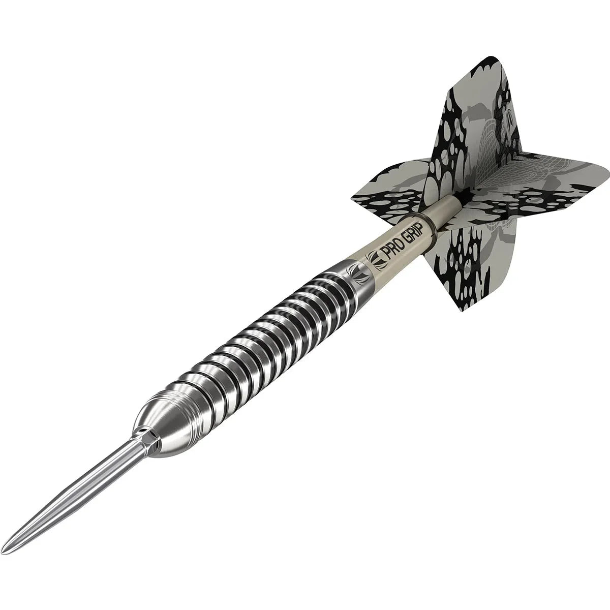 Angled view of tungsten dart with grooved barrel, black and grey flights, and Pro Grip shaft, isolated on white background