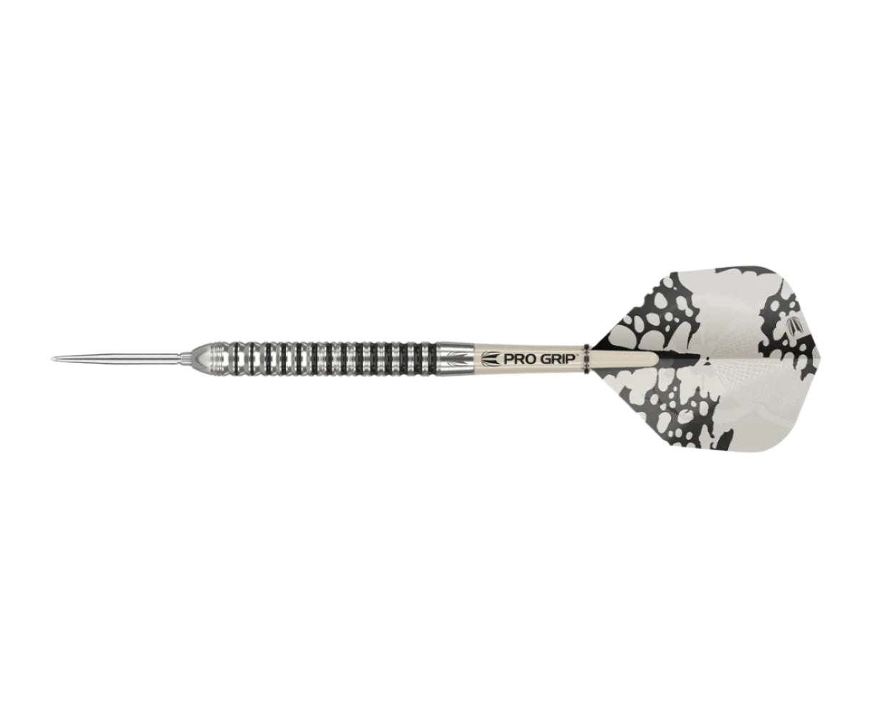 Steel tip tungsten dart full side view on white background, showing grooved barrel, pro grip shaft, and black and white patterned flight