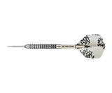 Steel tip tungsten dart full side view on white background, showing grooved barrel, pro grip shaft, and black and white patterned flight