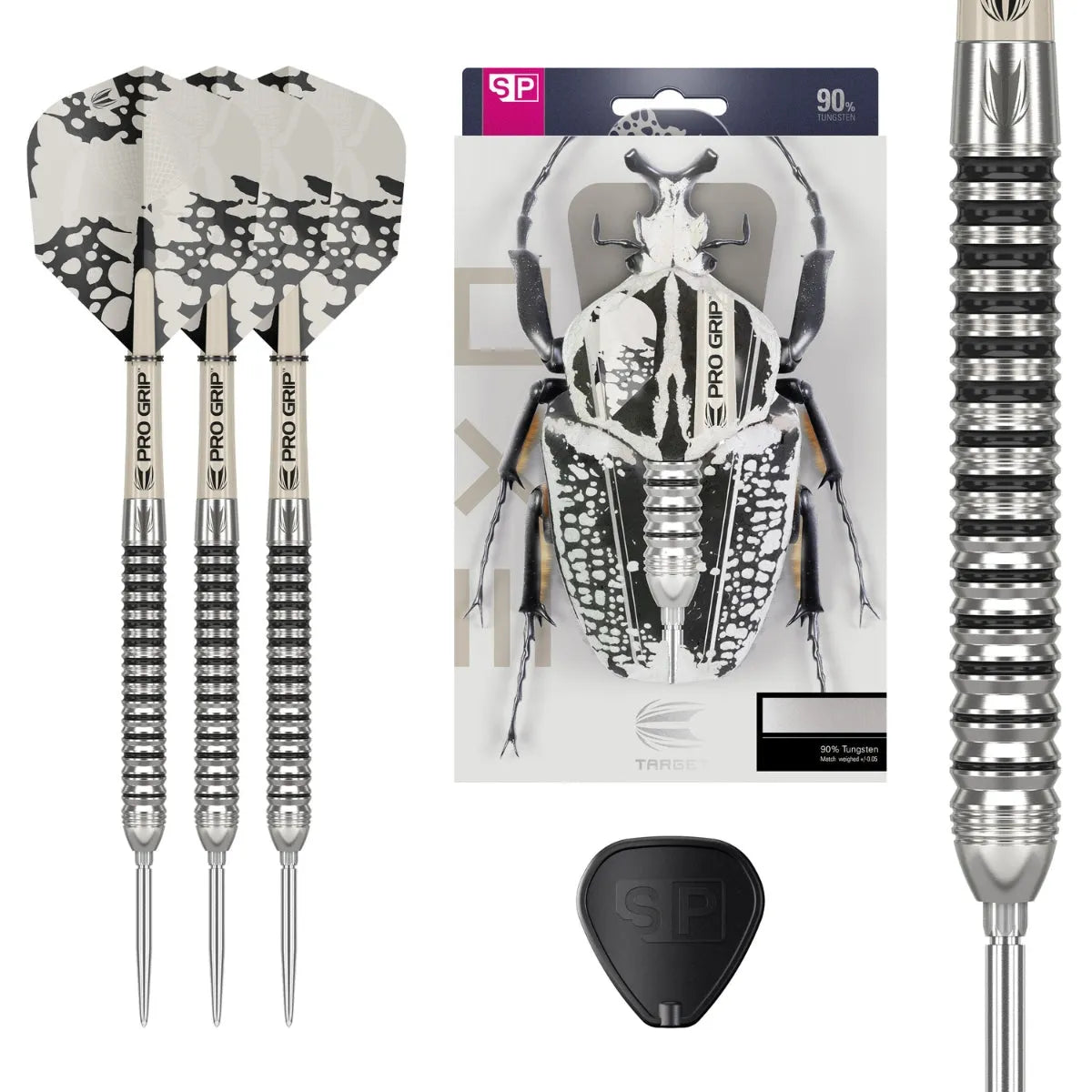 Set of 90 percent tungsten darts with black and white flights, close-up of grooved barrels, packaging, and SP point tool displayed