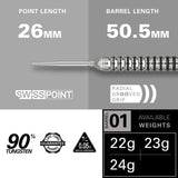Side view of tungsten dart with 26mm point, 50.5mm radial grooved barrel, available in 22g, 23g, 24g weights, Swiss Point system