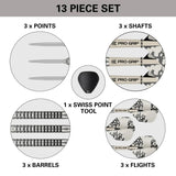 Top-down composite showing dart set parts: grooved barrels, steel points, camo flights, Pro Grip shafts, and Swiss Point tool