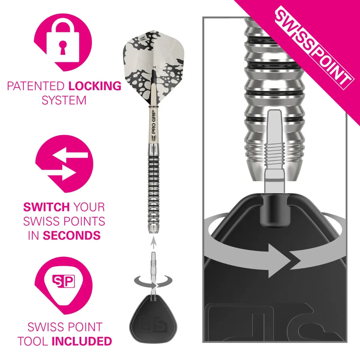 Full dart with close-up of Swiss Point system, showing how to switch tungsten dart points using included tool, grip rings and locking system visible