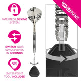 Full dart with close-up of Swiss Point system, showing how to switch tungsten dart points using included tool, grip rings and locking system visible