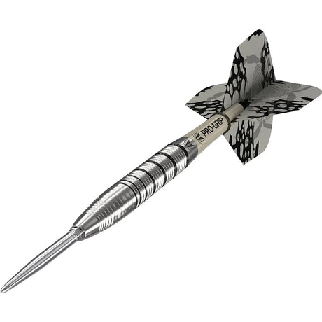 tungsten dart with grooved barrel and camouflage-style flight, angled view on white background