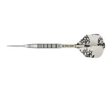 Single 90% tungsten dart displayed side-on, showcasing ringed grip barrel and black-white patterned flight on white background