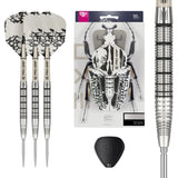 Full view of three 90% tungsten darts with grip detail, packaging, spare flight, and close-up barrel texture for dart players