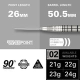 Close-up of 90% tungsten dart barrel with radial grooved grip, 26mm Swiss point, 50.5mm barrel, and available weights from 21g to 24g.