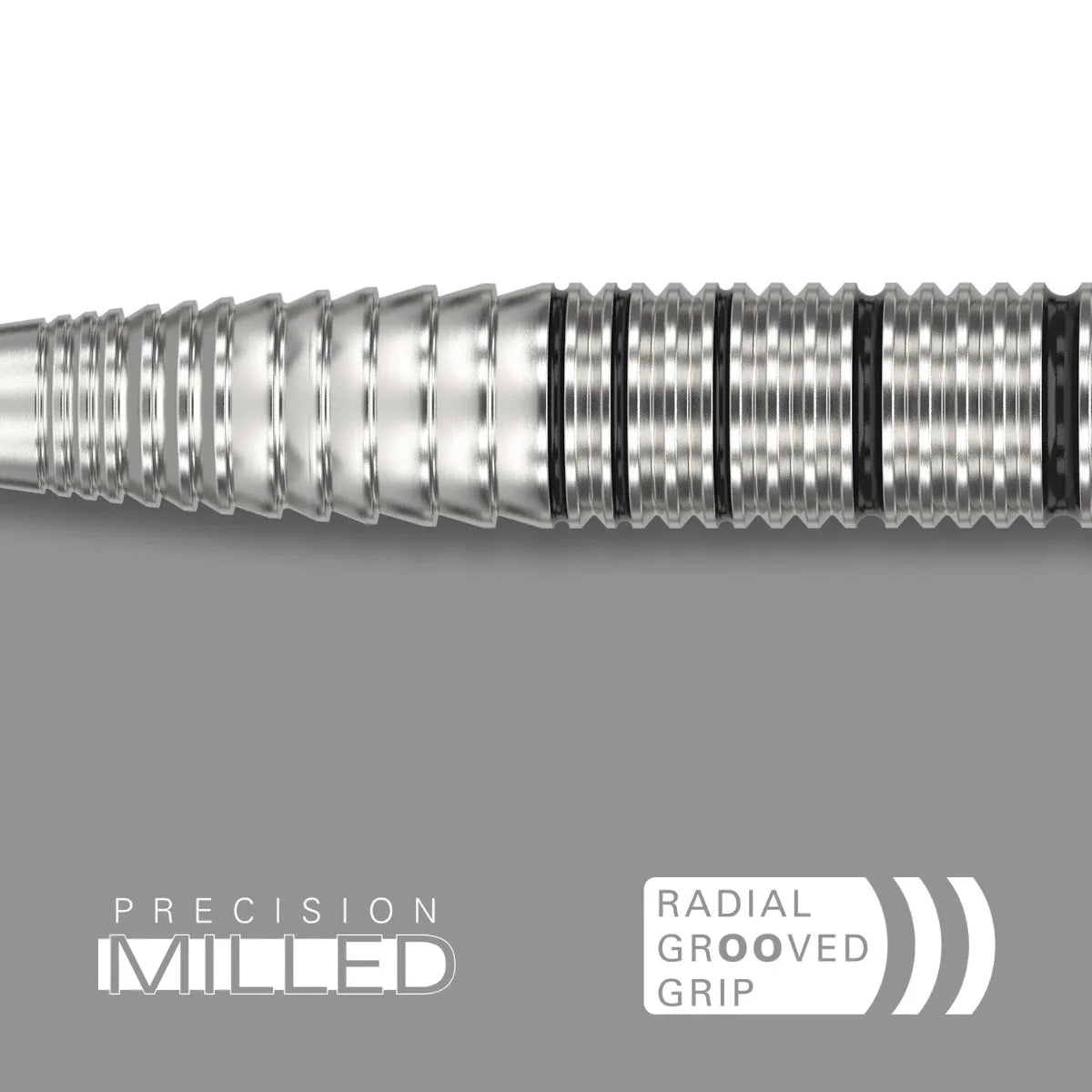 Macro close-up of tungsten dart barrel showing radial grooved grip texture and precision milled rings for enhanced dart control