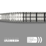 Macro close-up of tungsten dart barrel showing radial grooved grip texture and precision milled rings for enhanced dart control