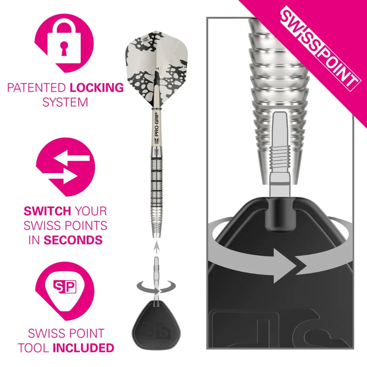 Instructional graphic showing Swiss Point dart and tool for quick point change, close-up of barrel grooves, tip, and patented locking system.