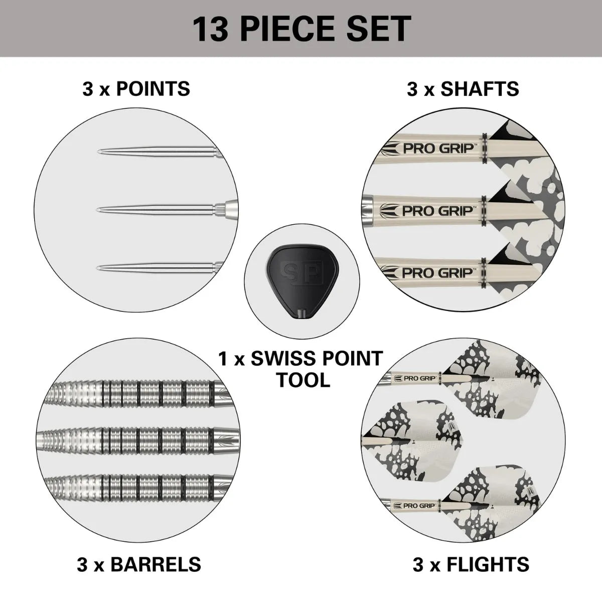 Dart set shown in flat lay with close-ups of 3 tungsten barrels, 3 points, 3 flights, 3 shafts, and Swiss point tool