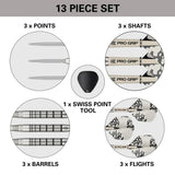 Dart set shown in flat lay with close-ups of 3 tungsten barrels, 3 points, 3 flights, 3 shafts, and Swiss point tool