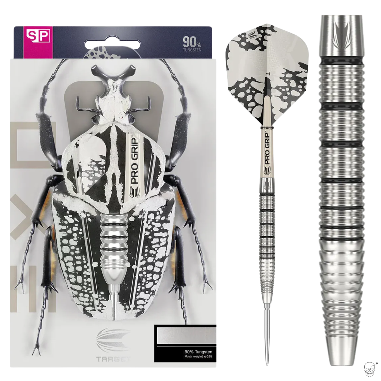 90% tungsten darts set in retail packaging, full assembled dart shown, close-up of barrel's ringed grip and black-accented design