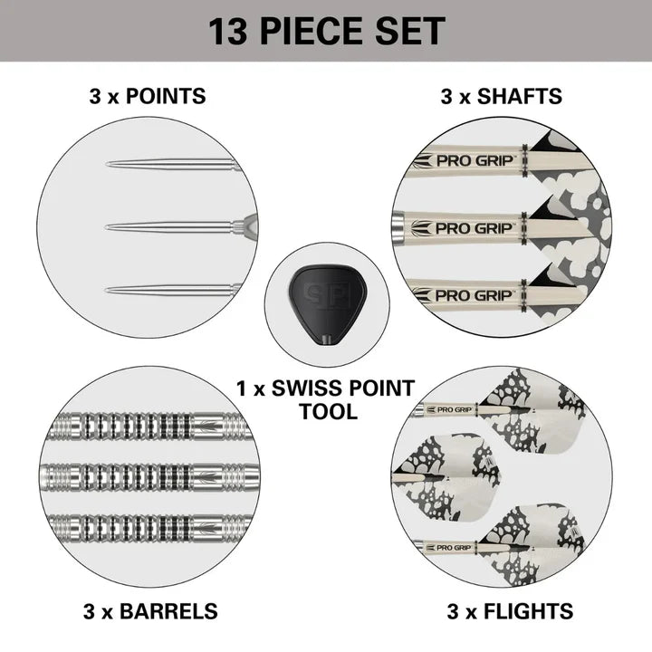 Top-down view of 13 piece dart set showing 3 tungsten barrels, 3 points, 3 flights, 3 shafts, and a Swiss point tool