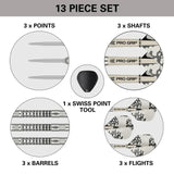 Top-down view of 13 piece dart set showing 3 tungsten barrels, 3 points, 3 flights, 3 shafts, and a Swiss point tool
