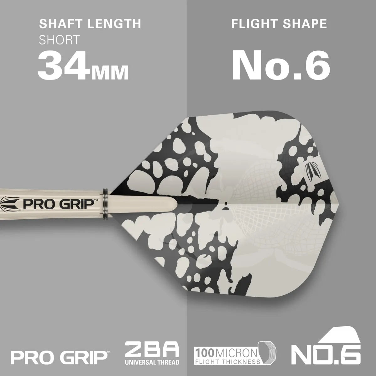 Close-up of dart shaft and No.6 shape flight, 34mm Pro Grip short shaft, modern patterned flight, 100 micron thickness.