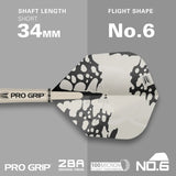 Close-up of dart shaft and No.6 shape flight, 34mm Pro Grip short shaft, modern patterned flight, 100 micron thickness.