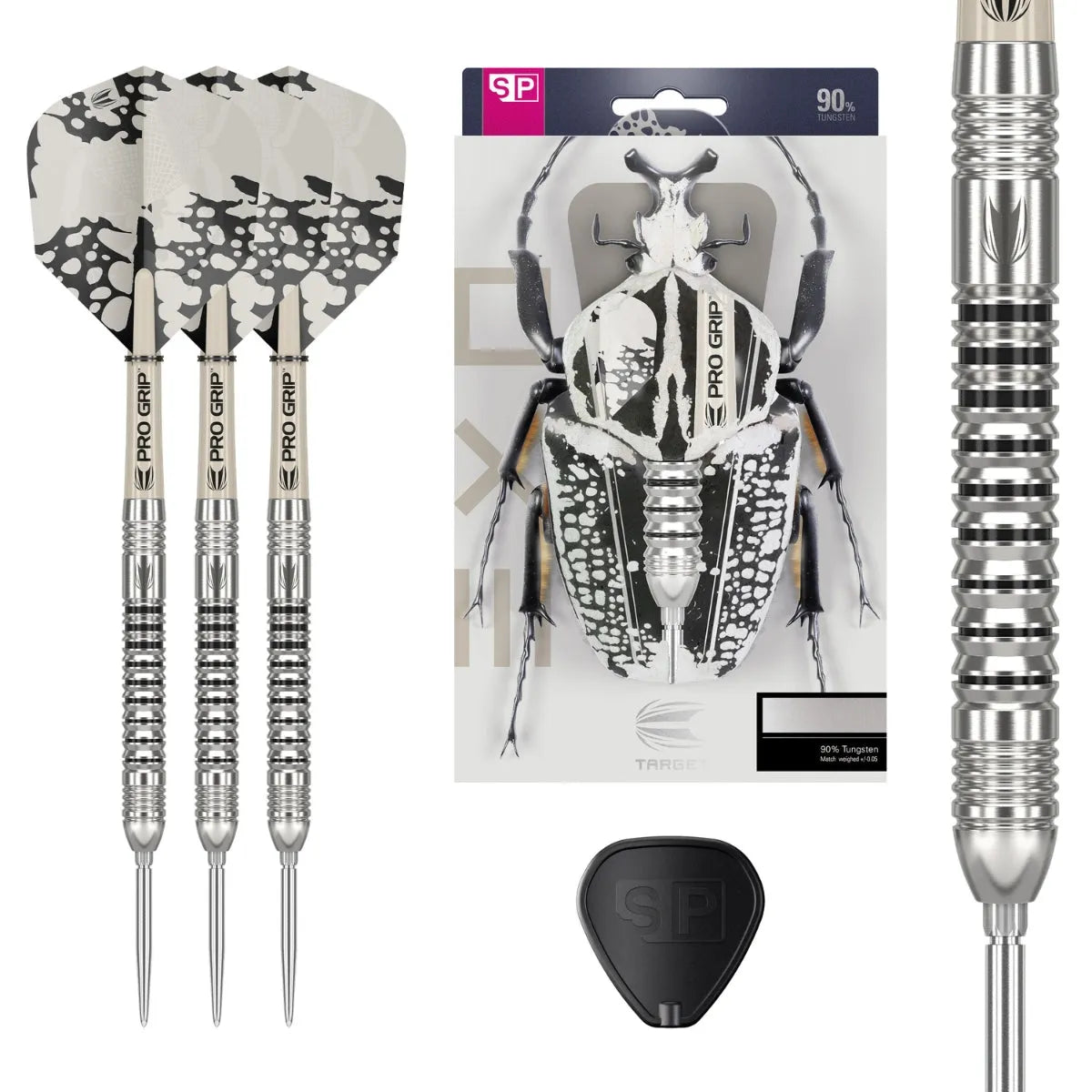 Three 90% tungsten darts with black and white flights, packaging with beetle graphic, spare tip, and close-up barrel grip detail