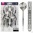 90% tungsten dart set in retail packaging with close-up on barrel grip rings and full dart showing flight and engraved details