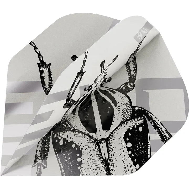 Close-up angled view of dart flight with detailed beetle artwork, showcasing durable material and ultra No.2 flight shape