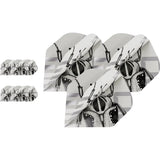 Three sets of Exo 2.0 Pro Ultra No.2 dart flights arranged on white background, close-up on beetle graphic and sturdy flight material