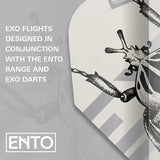 Macro close-up of Exo 2.0 Pro Ultra dart flight with detailed insect illustration and textured material design.