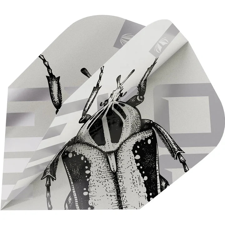 Close-up angled dart flight with beetle design, layered ultra-thin material, Ten-X shape, isolated for darts equipment