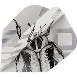 Close-up angled dart flight with beetle design, layered ultra-thin material, Ten-X shape, isolated for darts equipment