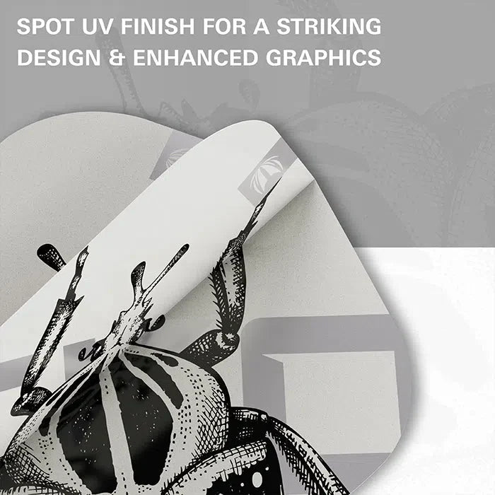 Macro close-up of dart flight showing spot UV finish, textured surface, and detailed beetle graphic for Exo 2.0 Pro Ultra Ten-X flights