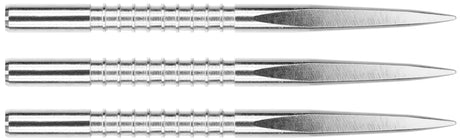 Three dart points side-by-side, full view on white background, highlighting rear grip grooves and precision steel tip design